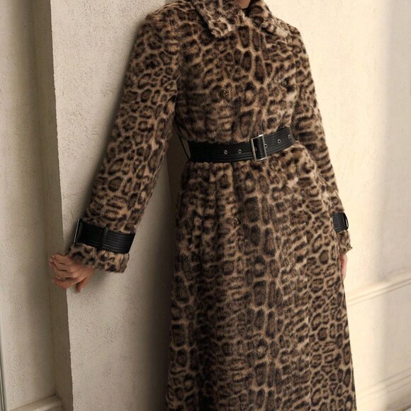 Khaki Casual Women's Leopard Print Faux Fur Patchwork Trench Coat - Picture 8 of 9